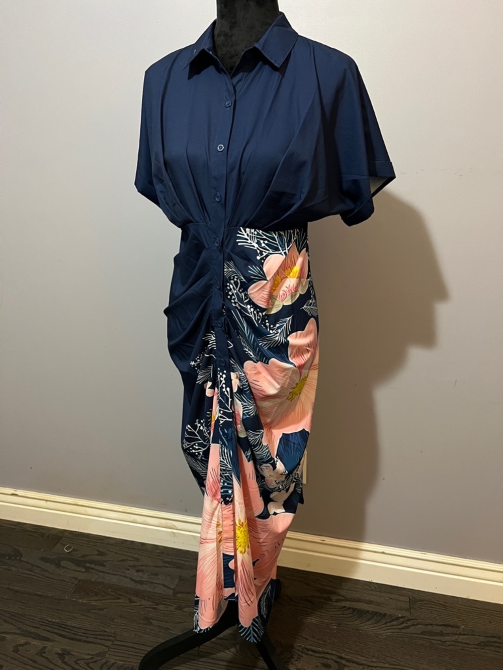 Navy Button-Front Dress with Pink Floral Print